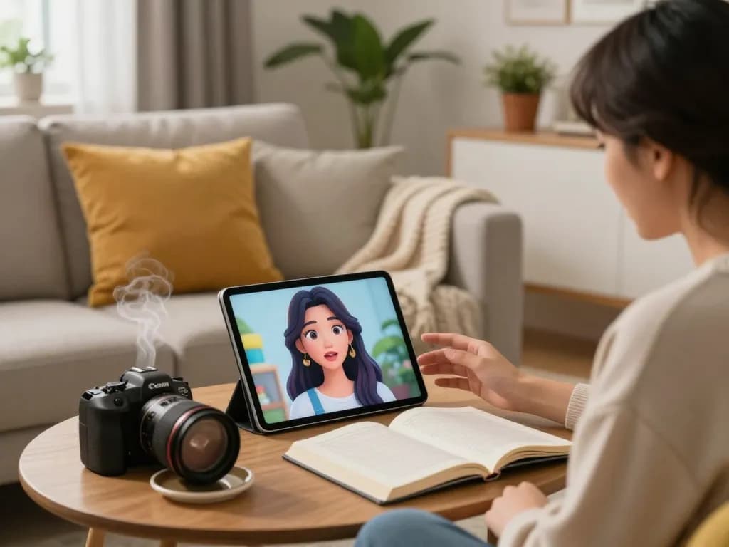 Engaging conversation with an AI girlfriend on a tablet in a modern, cozy living room.