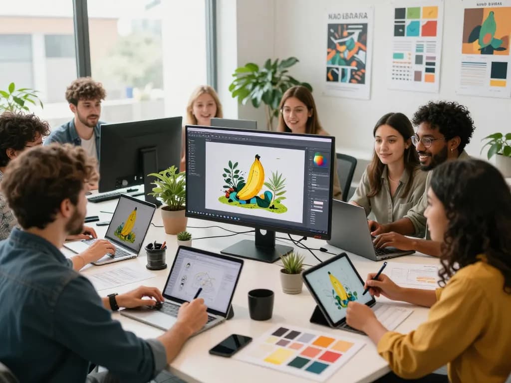 Dynamic team collaboration on AI-generated images using Nano Banana in a modern creative workspace.