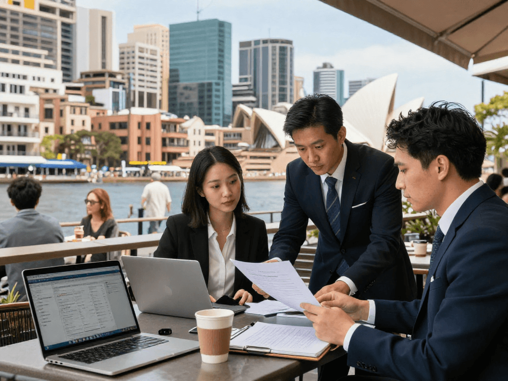 Property management services Sydney professionals discussing strategies at a café in Sydney.