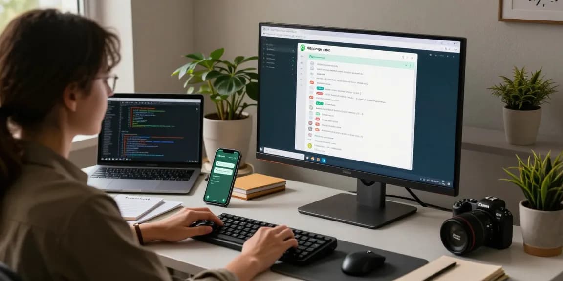 Discover the WhatsApp電腦版 interface in a modern home office setting with productive elements.