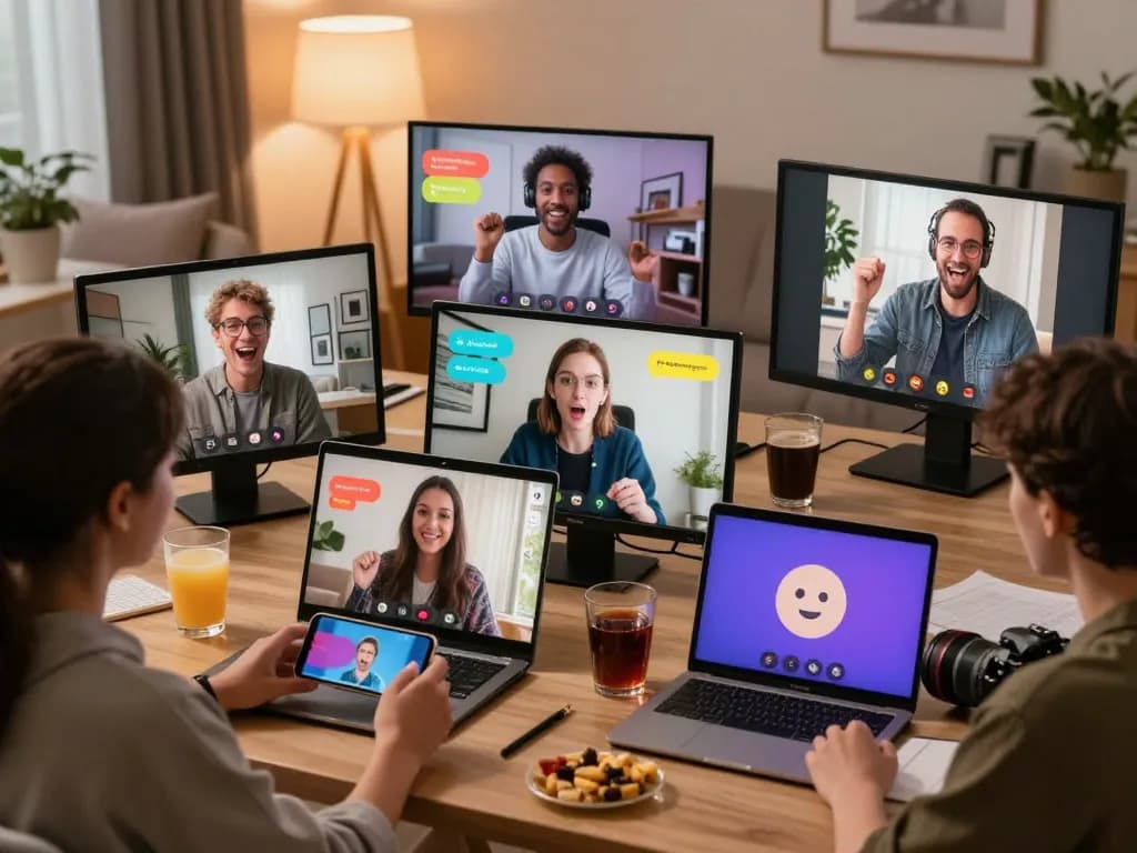 Vibrant scene of diverse users engaging in sexchat via webcams, showcasing lively online connection.