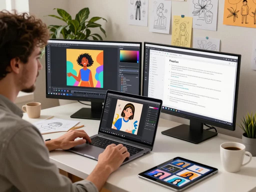 Designer using nano banana flash to generate vibrant images in a creative workspace.