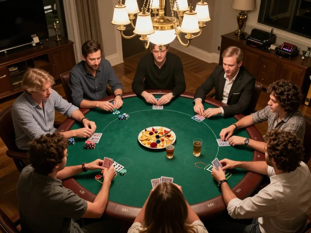 Players strategizing during a poker game at a friendly home gathering, with LC88 chips and cards in play.