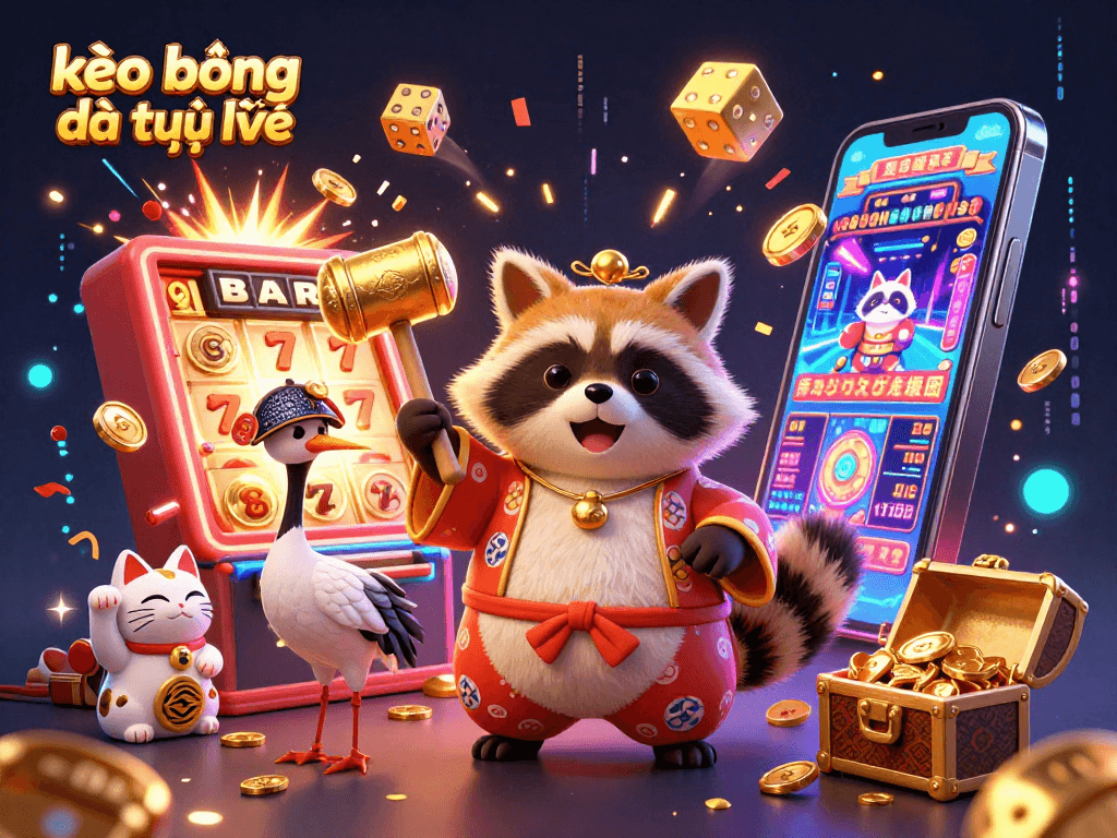 Experience kèo bóng đá trực tuyến with a vibrant casino scene featuring joyful characters and dynamic gaming elements.
