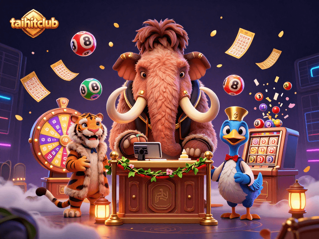 Engage with the vibrant scene at taihitclub featuring cartoon characters and dynamic lottery elements.