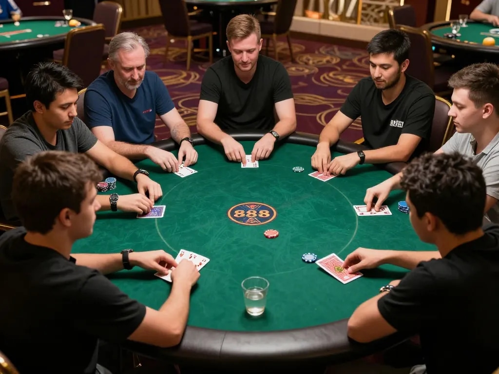 Players enjoying a thrilling game of 888slot game at an upscale casino table, drinks and snacks enhancing the atmosphere.