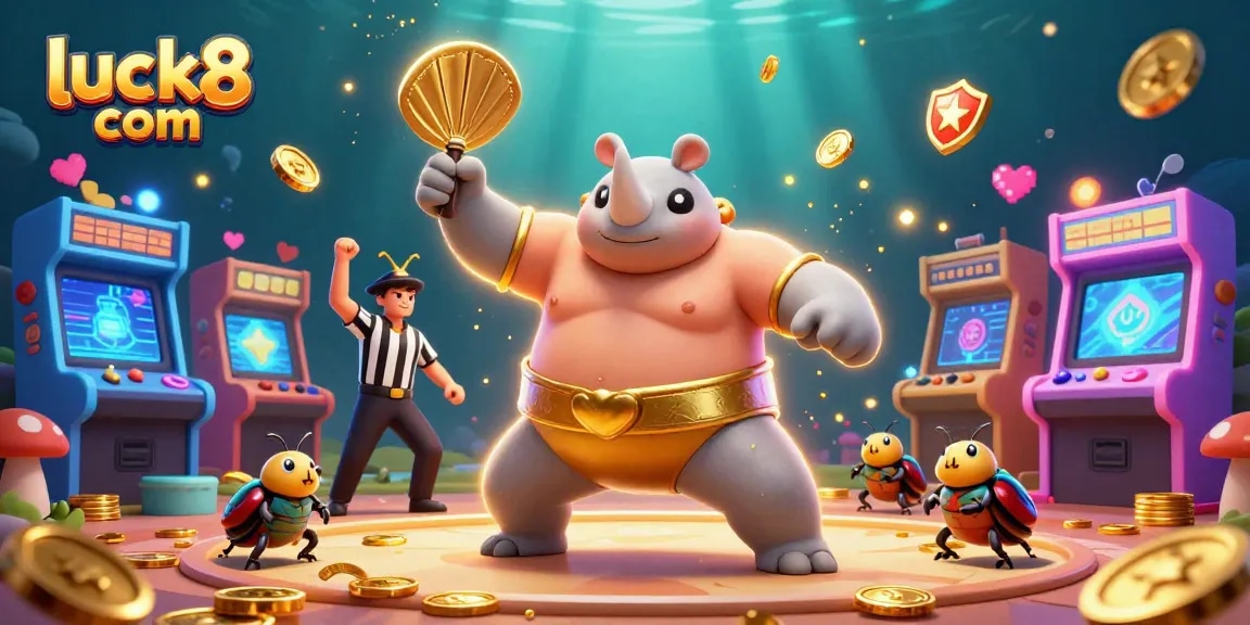 Experience excitement at luck8 com with a vivid casino scene of beetle champions and coins flying.