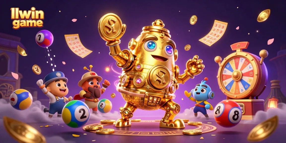 Join the excitement with llwin game; a golden golem and dynamic lottery elements in a vibrant casino scene.