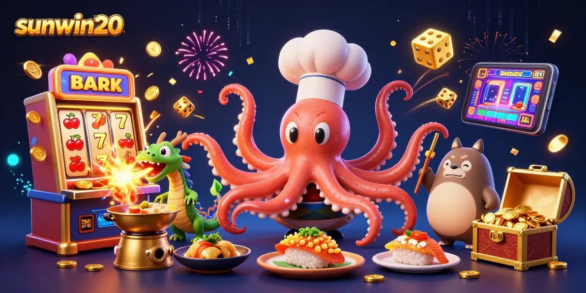 Spin to win with sunwin20, featuring a vibrant casino scene with a sushi chef octopus and jackpot elements.