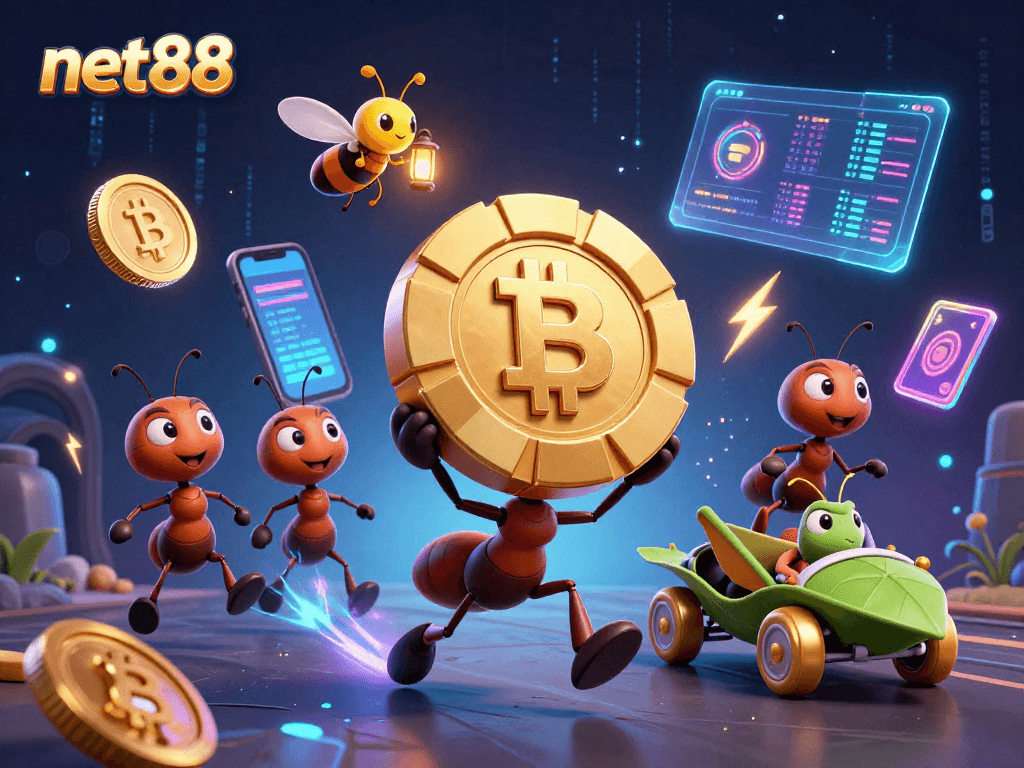 Engage with net88's thrilling heist scene featuring ants, crypto coins, and vibrant casino elements.