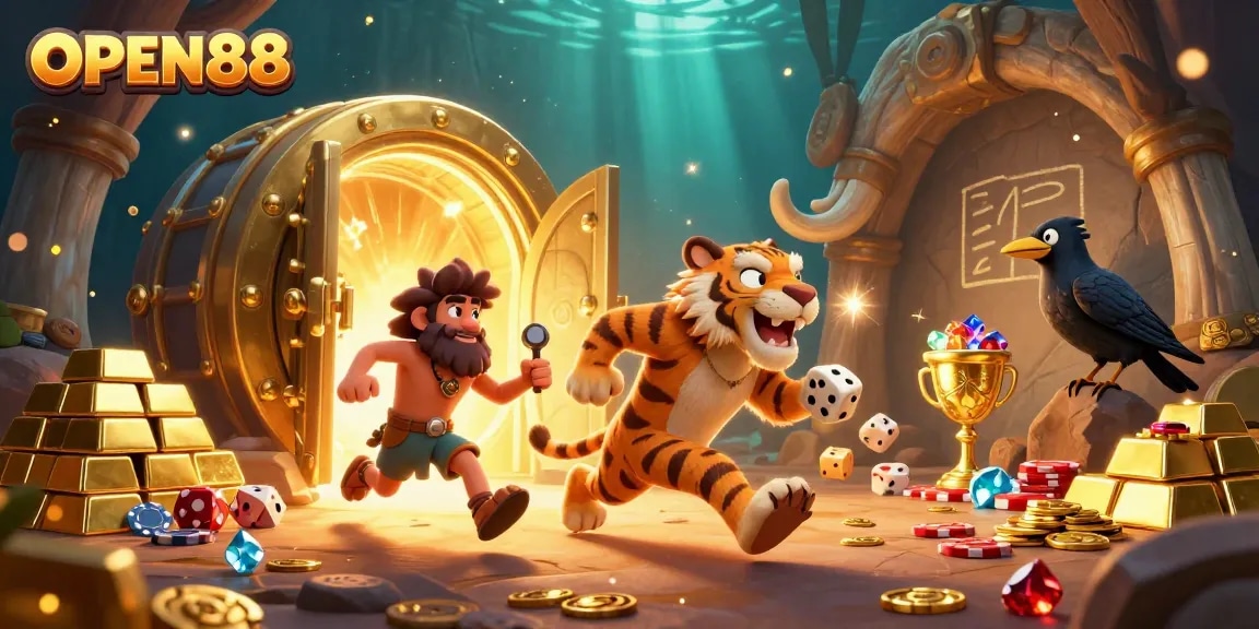 Experience the thrilling games at OPEN88 with a lively prehistoric casino atmosphere filled with vibrant treasures.
