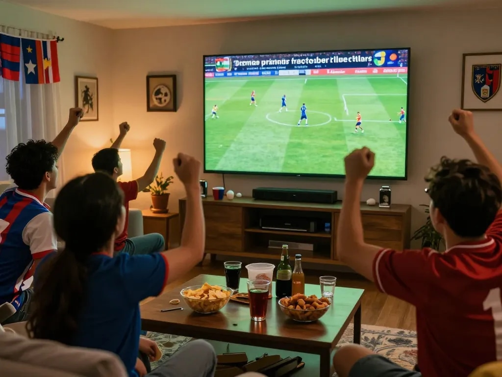 Bóng đá trực tuyến match viewed by excited sports fans in a cozy home setting.