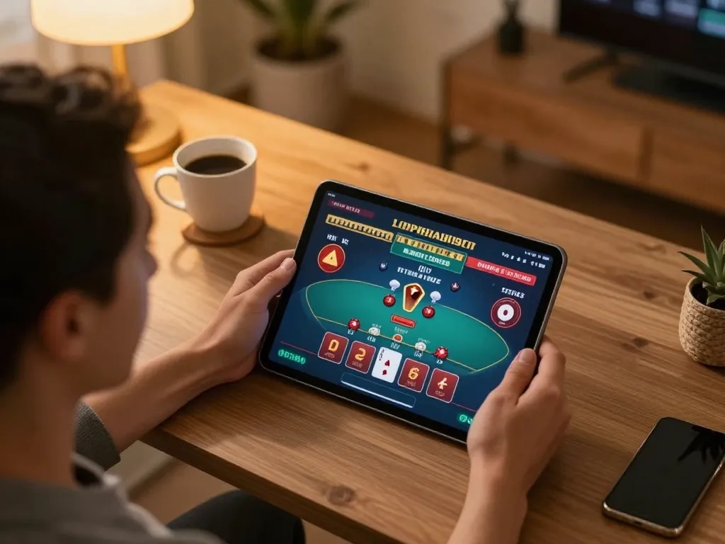 Engaged player enjoying blackjack on go8's online platform from a cozy home office.