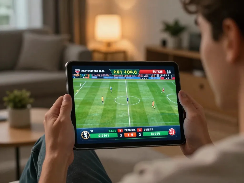 Engaging in bóng đá trực tuyến by strategizing bets during a live football match on a tablet.