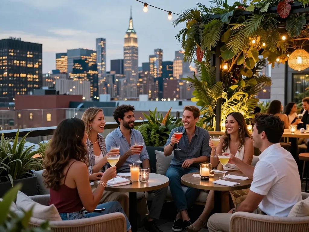 Cheers at NOHU rooftop bar with friends enjoying skyline views and cocktails