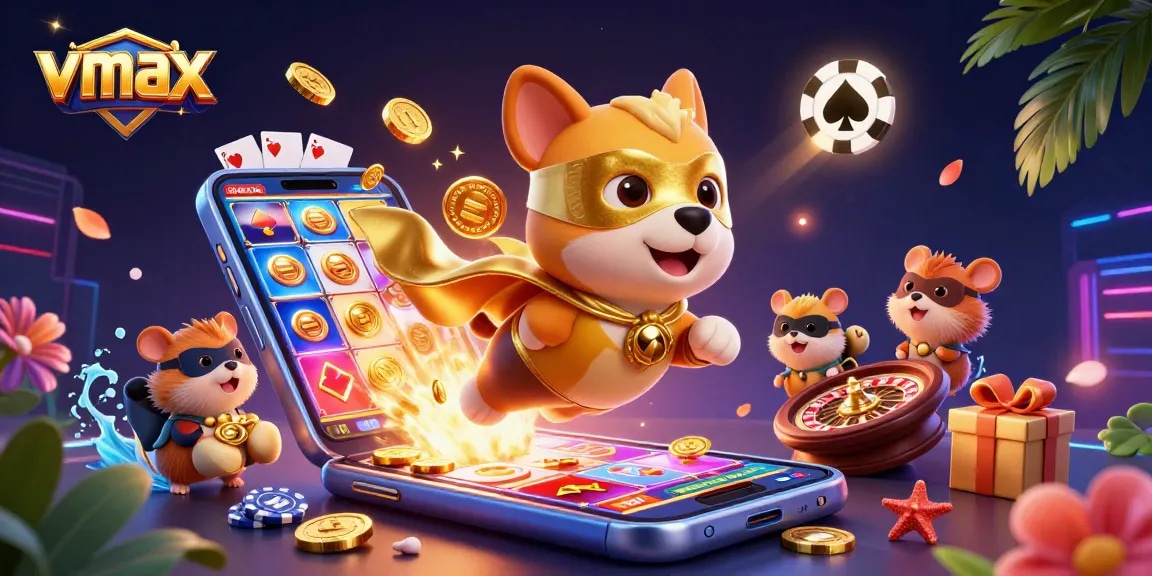 Join the vmax adventure with a superhero dog flying through the casino world, bringing luck and gold!