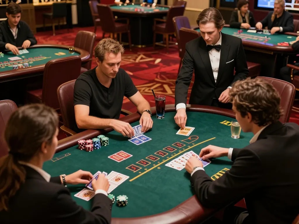 Engaged players enjoying a thrilling blackjack game at a upscale casino showcasing 789 win strategies.