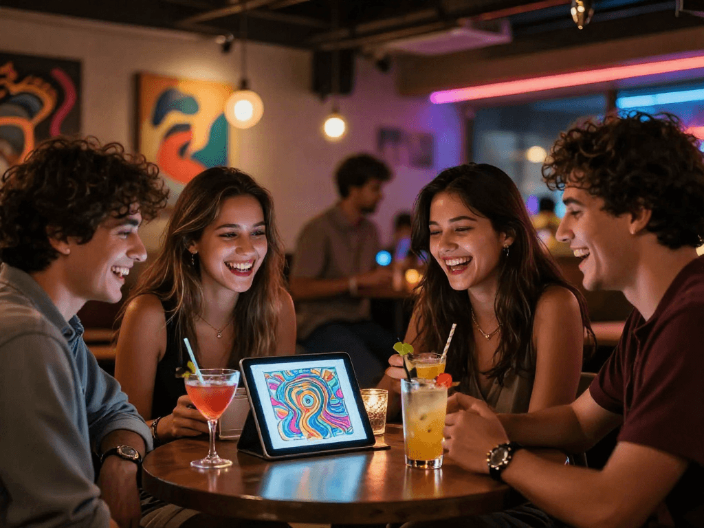 Group enjoying cocktails while discussing 18+ ai art in vibrant nightlife.