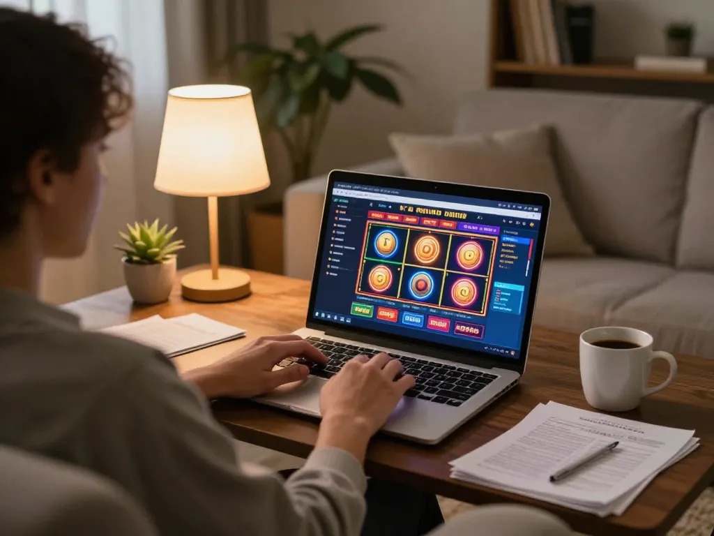 Play and win678 on a laptop with vibrant online casino slots illuminating the cozy home setup.