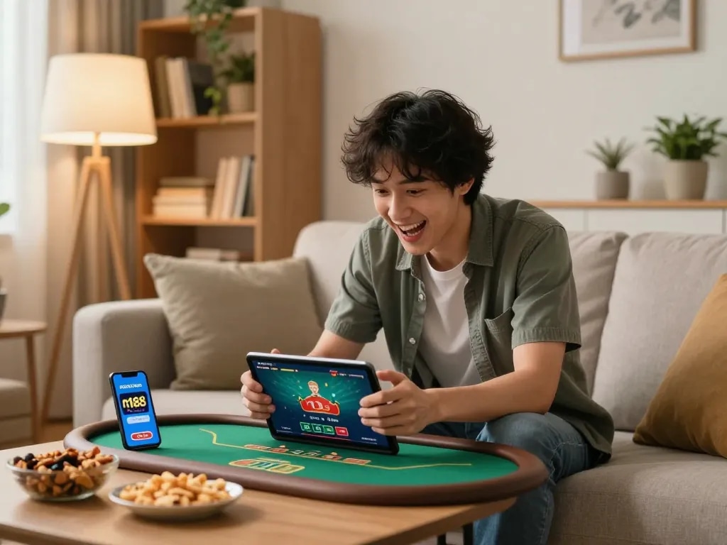 Gamblers enjoy strategic poker gameplay on n188 com app, showcasing a cozy home gaming environment.