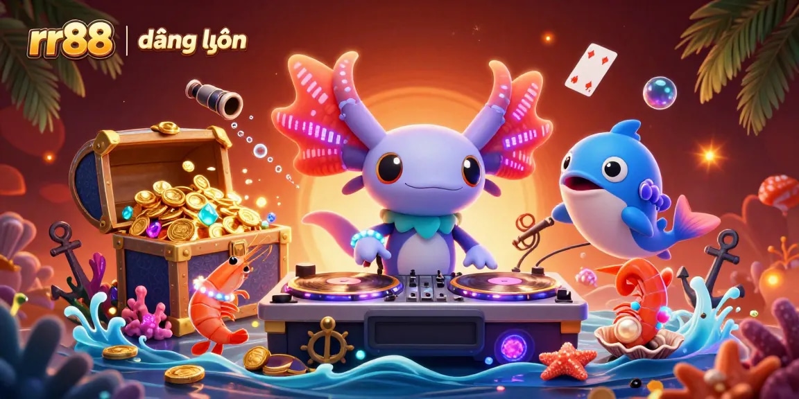 Join the fun with rr88 | đăng nhập, featuring colorful characters and exciting gaming elements underwater.