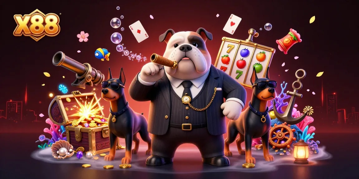 x88 showcases excitement with a mafia bulldog, treasure, and slot reels promoting gambling fun.