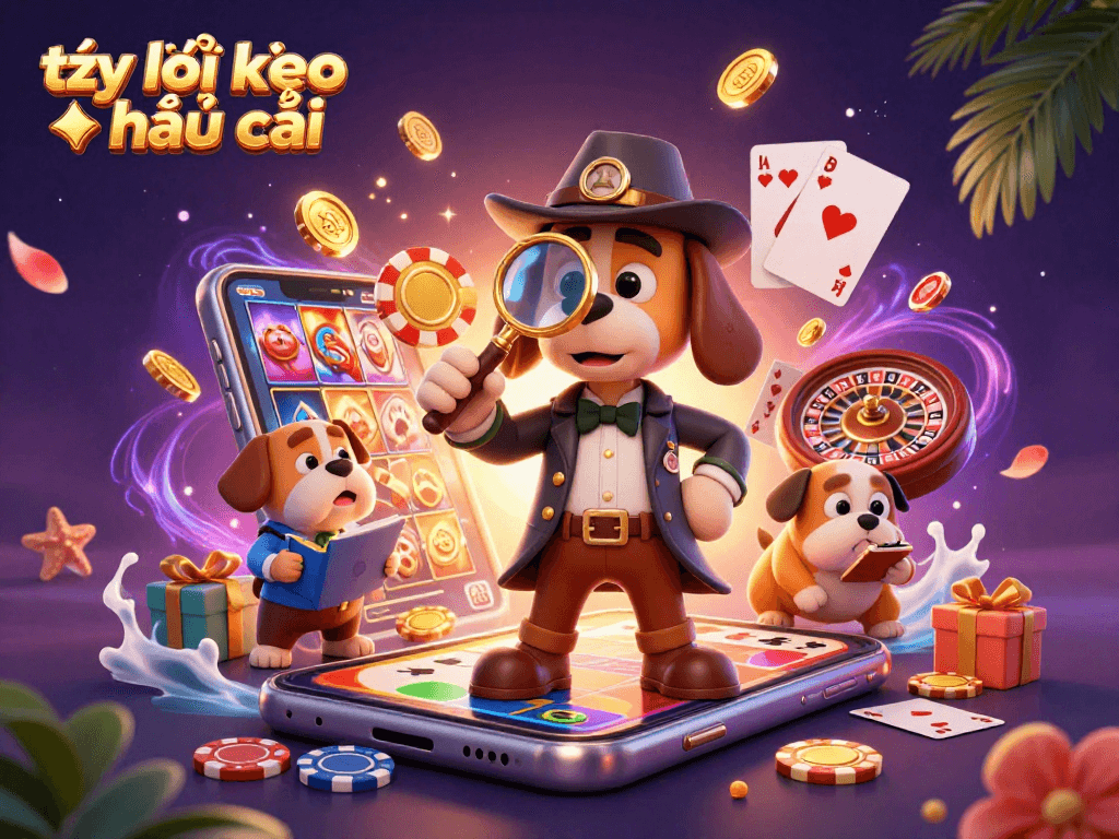 Discover the thrill of tỷ lệ kèo nhà cái as a dog detective examines poker chips amid colorful casino elements.