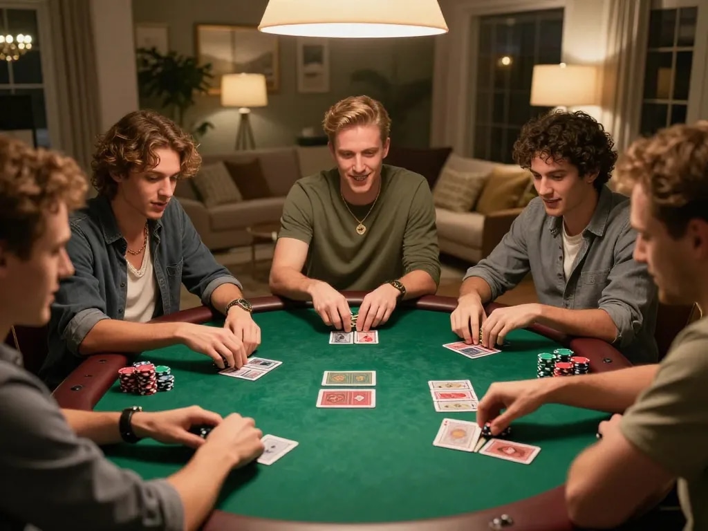 Friends enjoying a lively poker game at home with 888b showcasing competitive spirit and engagement.