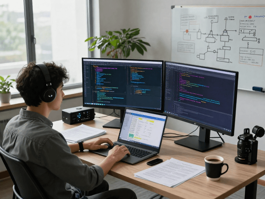 Programmer developing 18+ ai algorithms in a modern tech workspace with multiple screens and research materials.