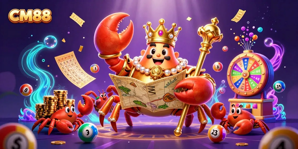 Engage in thrilling gameplay with CM88 surrounded by vibrant lottery elements and a golden crab emperor