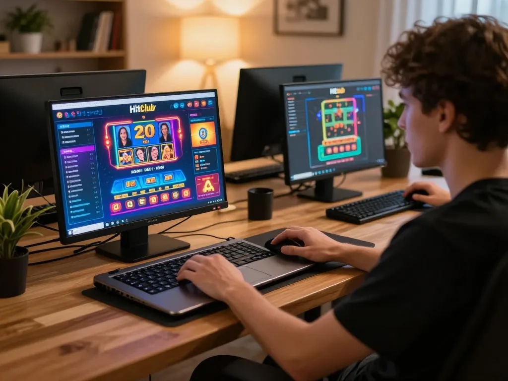 Engaging player strategizing on Hitclub while gaming online at home, showcasing excitement and focused gameplay