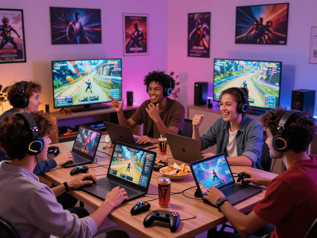 Friends engaging in exciting porn games on multiple devices in a vibrant living room.