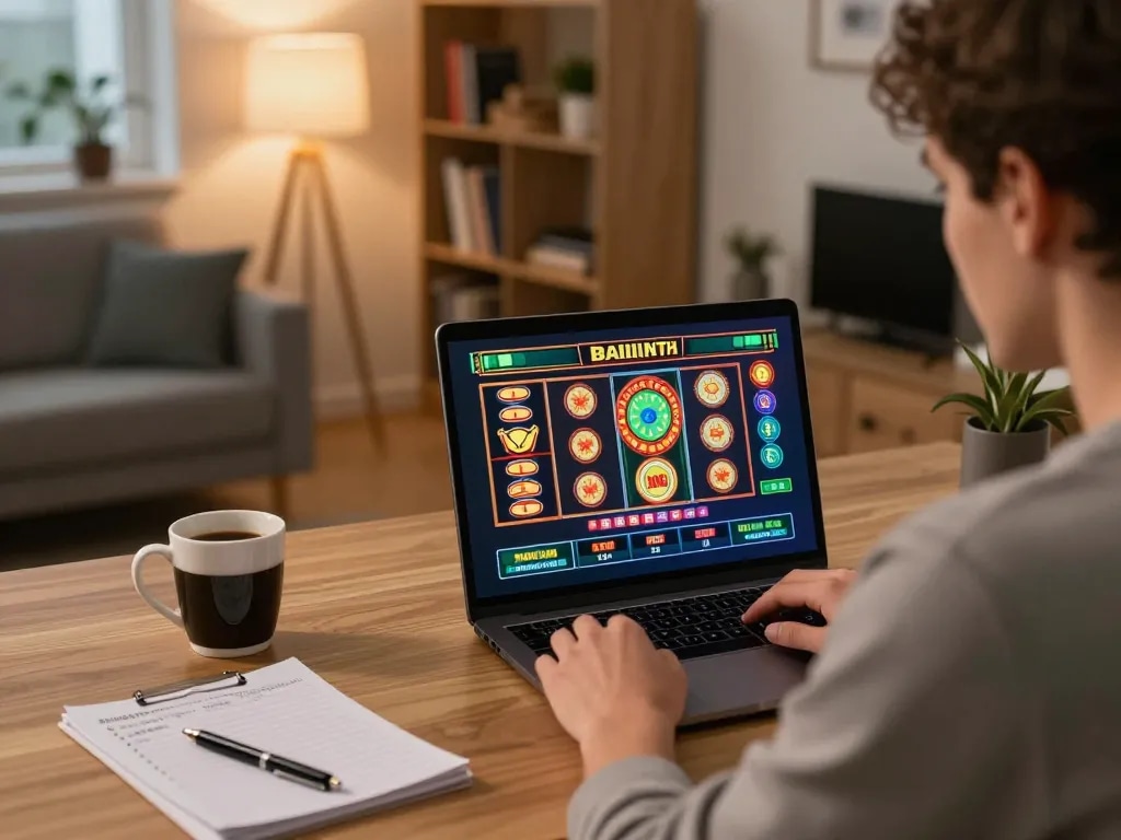 Player interacts with sc88 online casino interface on laptop, focusing on slot machine gameplay.