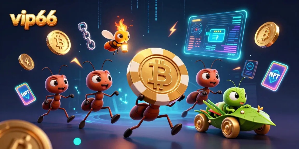 Engage in thrilling action with vip66 as ants carry a giant poker chip amid shimmering crypto coins.