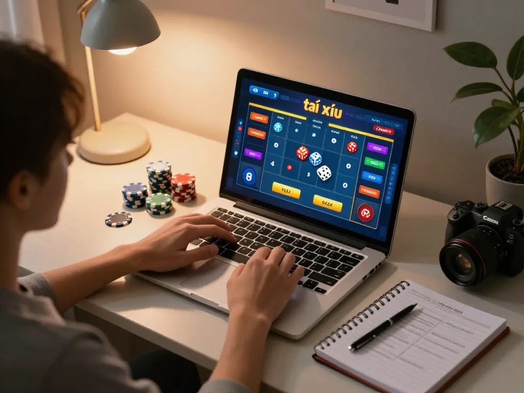 Enthusiastically engaging with tài xỉu online uy tín in a cozy and strategic gaming setup at home.