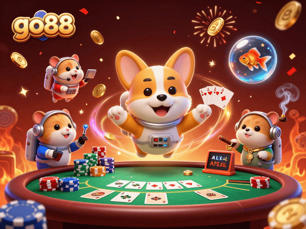 Enjoy thrilling casino experiences with the go88 astronauts, poker chips, and floating coins in vibrant space.