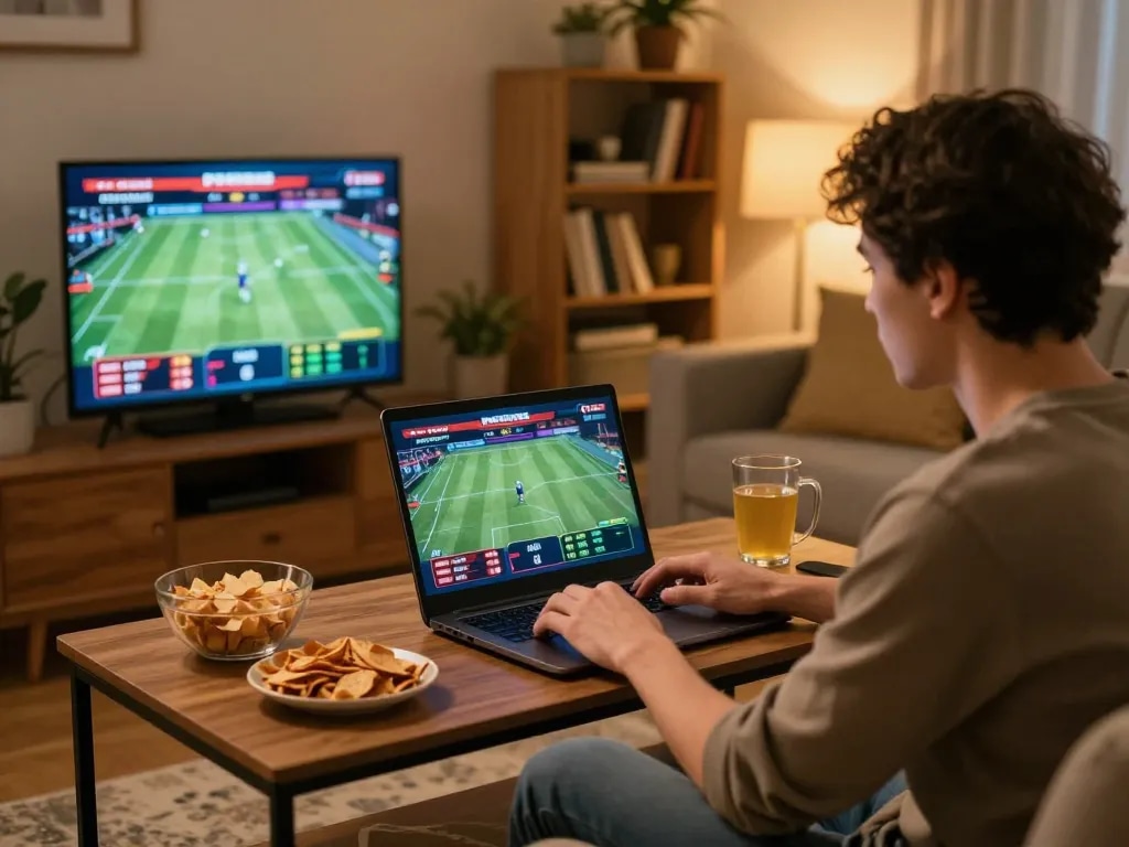 A person using 1gom for sports betting at home with multiple screens showing live matches.