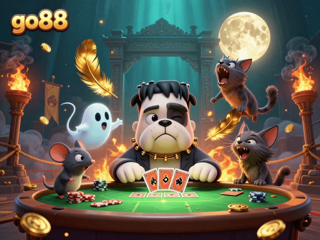 Experience go88 with a ghostly mouse and monstrous characters at a lively casino table.