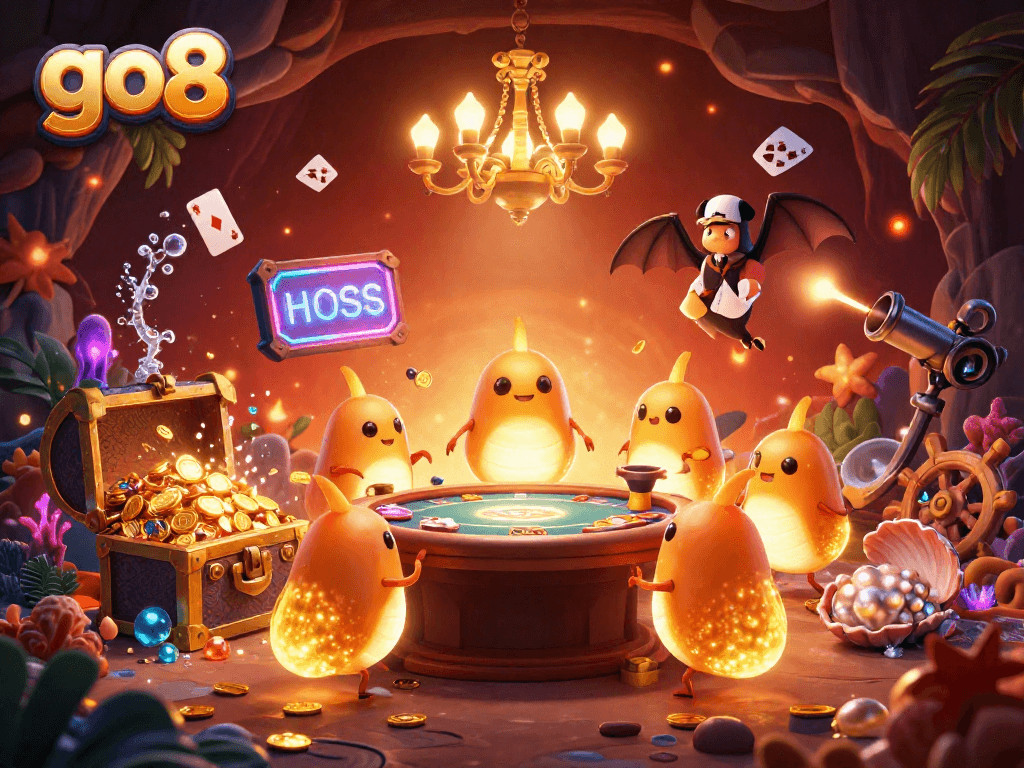 Experience the vibrant go8 cave casino illuminated by glowworms and a bat dealer amidst underwater treasures.