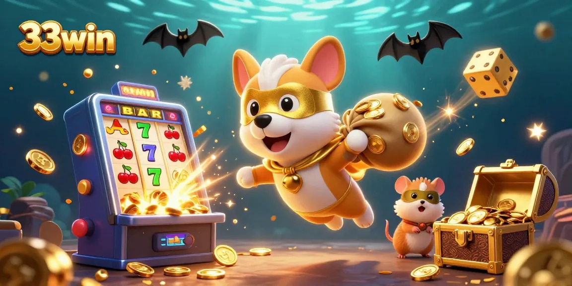 Experience winning big with 33win in this vibrant, playful casino-themed 3D illustration.