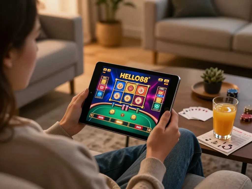 Engaging scene of a player enjoying HELLO88 online casino games on a tablet, emphasizing strategy and comfort.