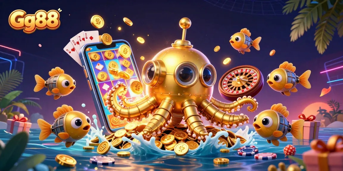 Gg88 brings thrilling casino adventures alive with a golden kraken and exciting game elements.