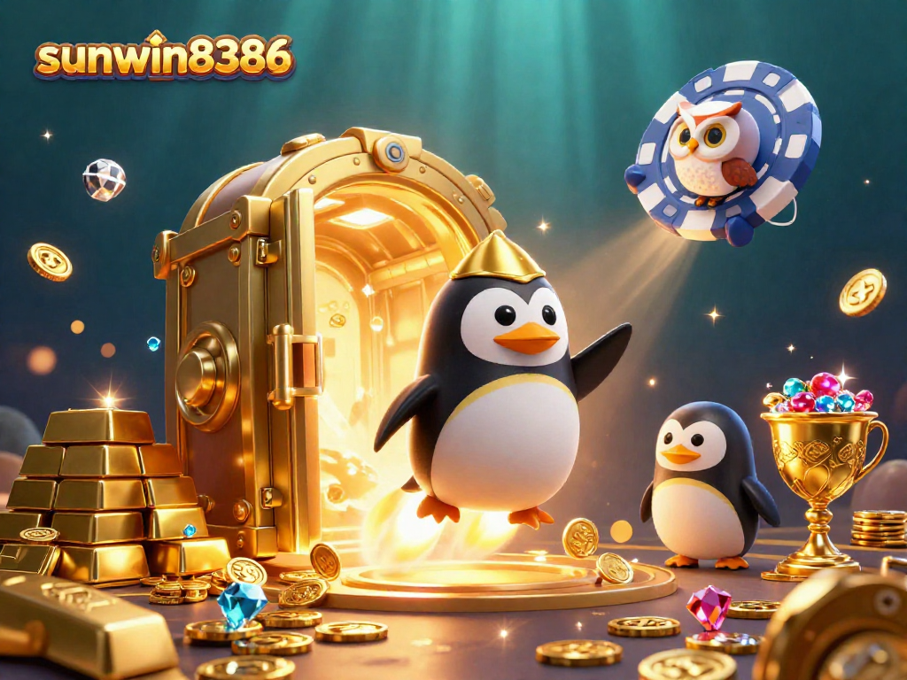 Engage in thrilling gaming at sunwin8386 with a vivid rocket-powered penguin and sparkling treasure.