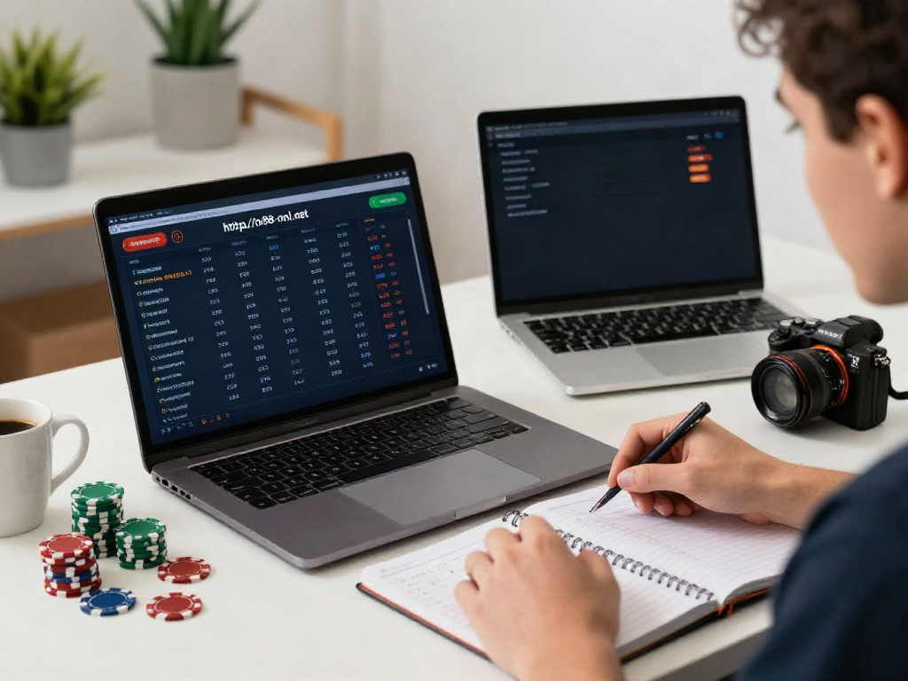 Engaged user placing bets on http://tx88-onl.net/ from a modern home office, surrounded by gaming tokens and a notebook.