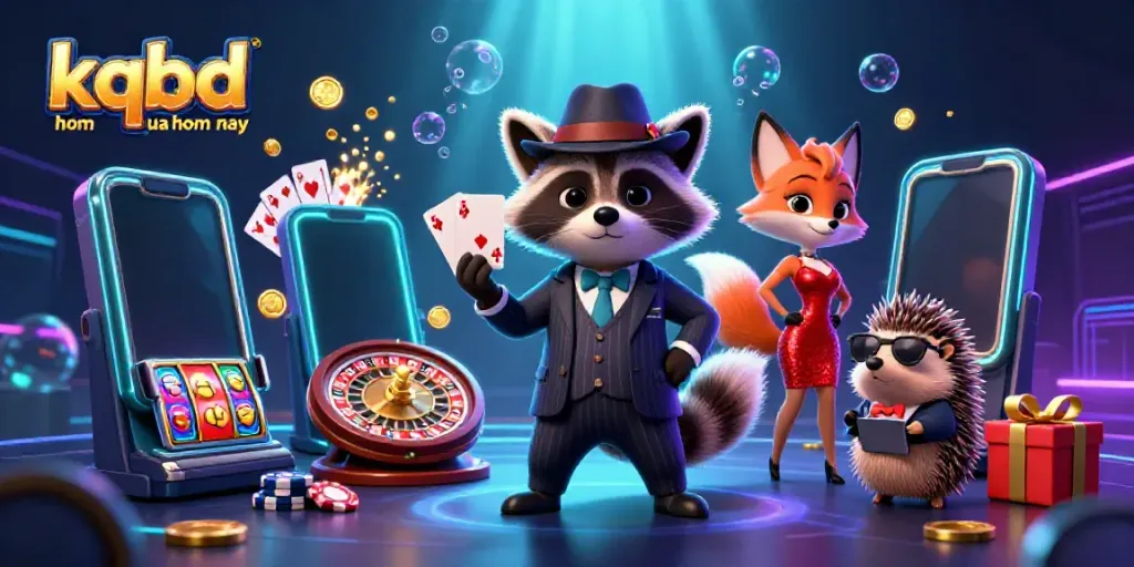 A charming scene featuring kqbd hom qua hom nay in an engaging casino illustration with raccoon and fox characters.