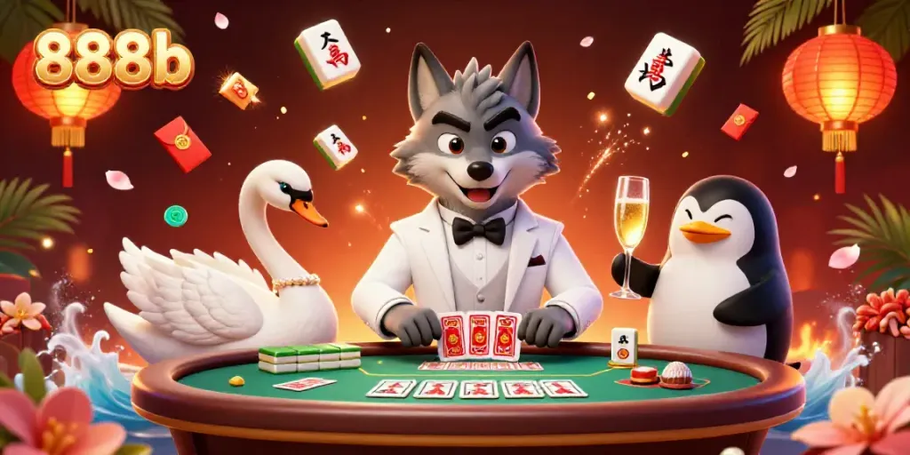 Engage with 888b's vibrant casino atmosphere, featuring a wolf in formal attire at a baccarat table.