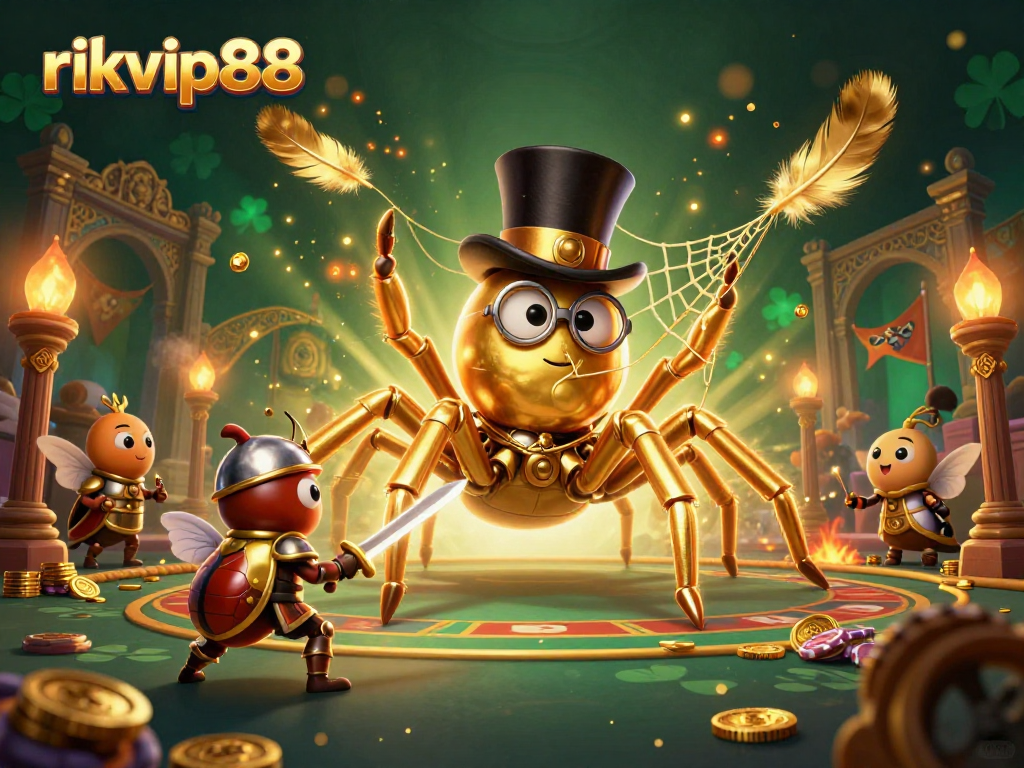 Engage with rikvip88's adventurous scene of a golden tarantula, knight, and moths in a vibrant casino setting.