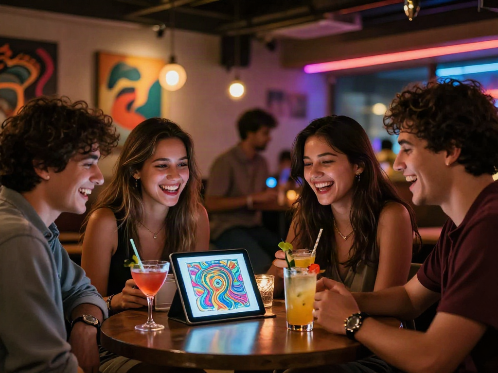 Group enjoying cocktails while discussing 18+ ai art in vibrant nightlife.