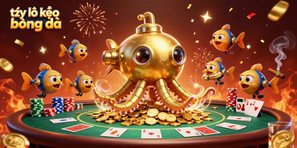 Experience thrilling sports betting with tỷ lệ kèo bóng đá featuring a kraken submarine surrounded by poker elements.