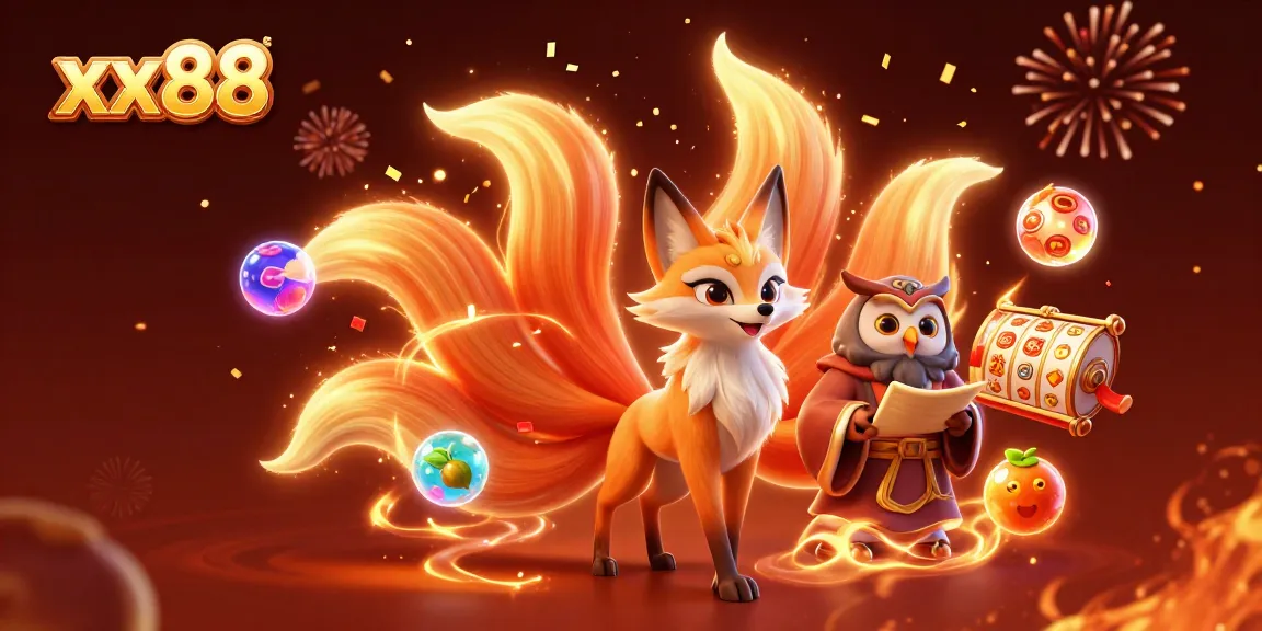 Experience the vibrant energy of xx88 with a nine-tailed fox and wise sage in a colorful casino illustration.